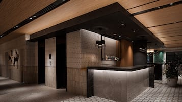 A modern reception area with a wooden ceiling, a tiled floor, and a central counter.