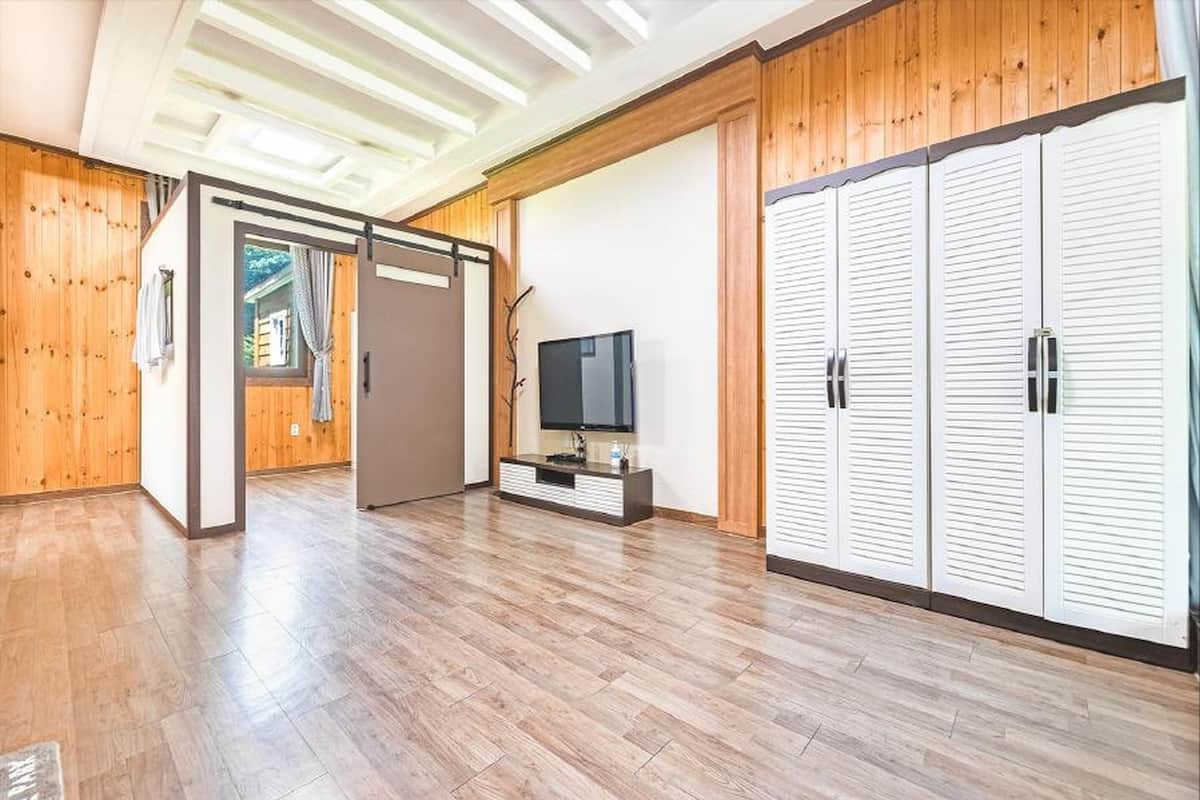 Ein geräumiger Raum mit Holzboden, einer Schiebetür, einem Fernseher und einem Kleiderschrank.