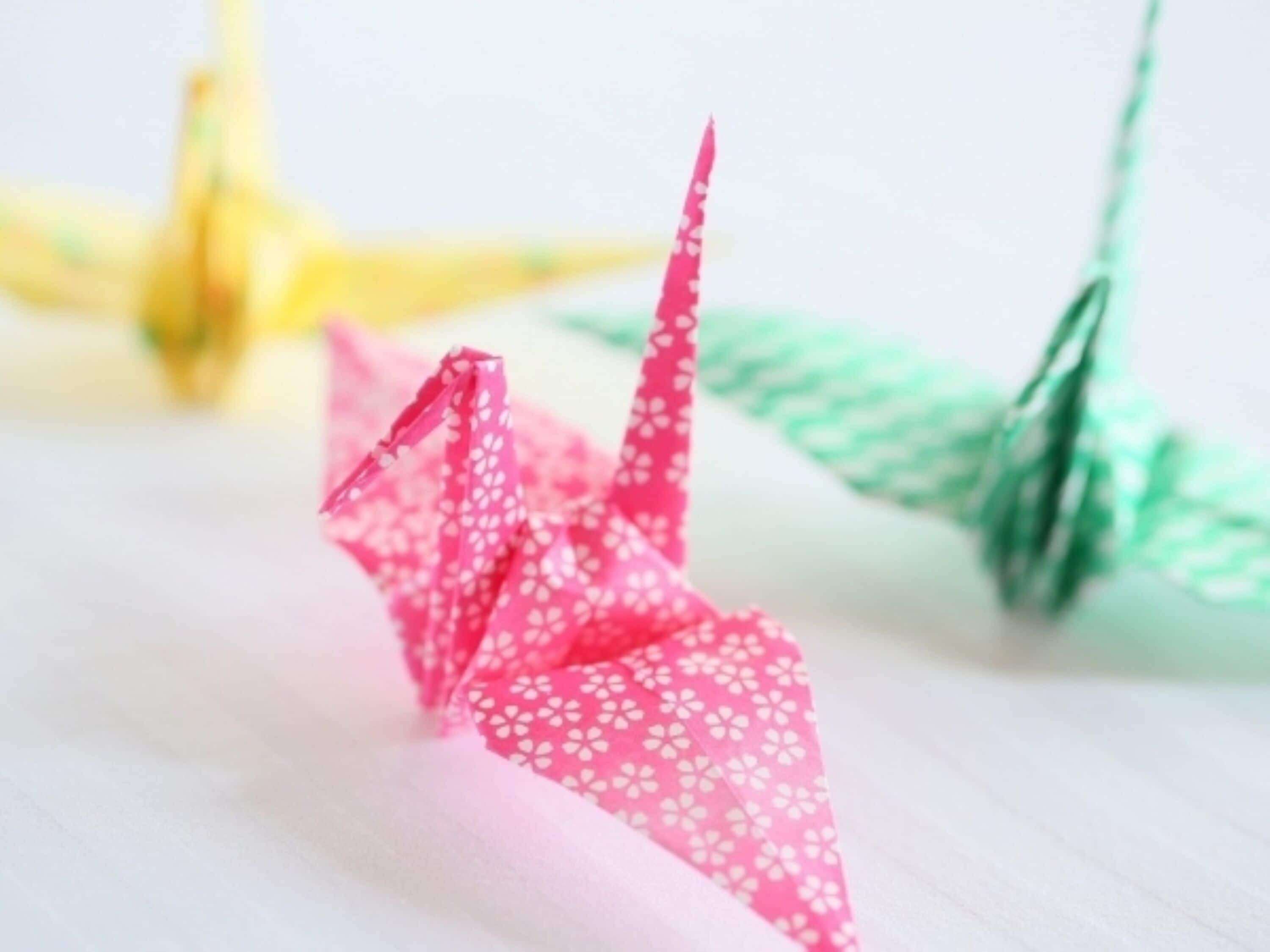 A close-up of origami cranes with pink and green colors.