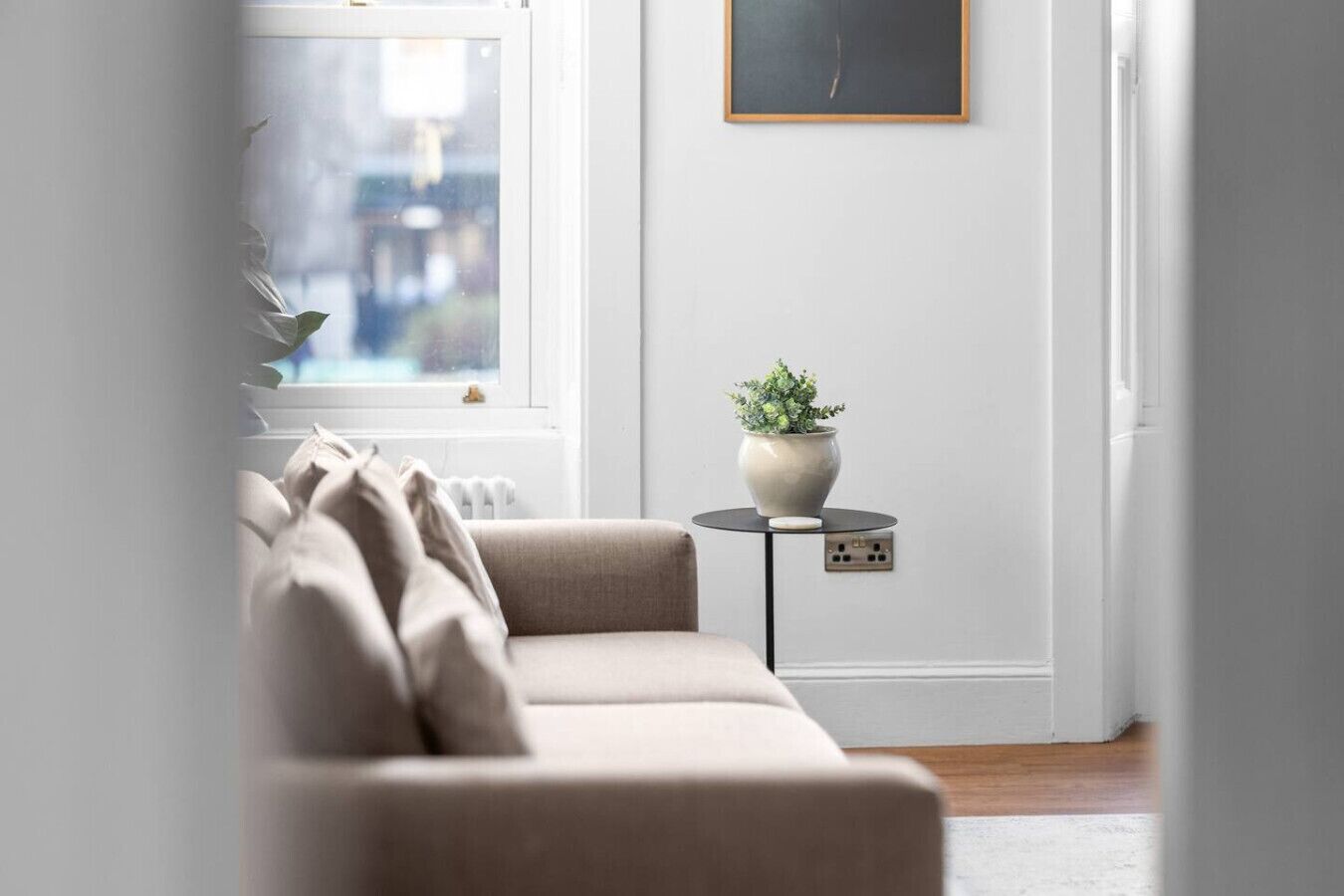 A minimalist living room with a sofa, a small table with a plant, and a framed picture on the wall.