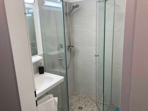 Shower, hair dryer, towels