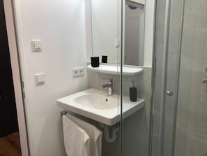 Une salle de bain moderne avec une douche à parois de verre, un lavabo blanc et un miroir au-dessus du lavabo.