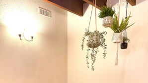 A dining room with a wooden table set for six, black chairs, and hanging plants.