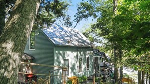 A green house with a sloped roof, surrounded by trees and a wooden deck.