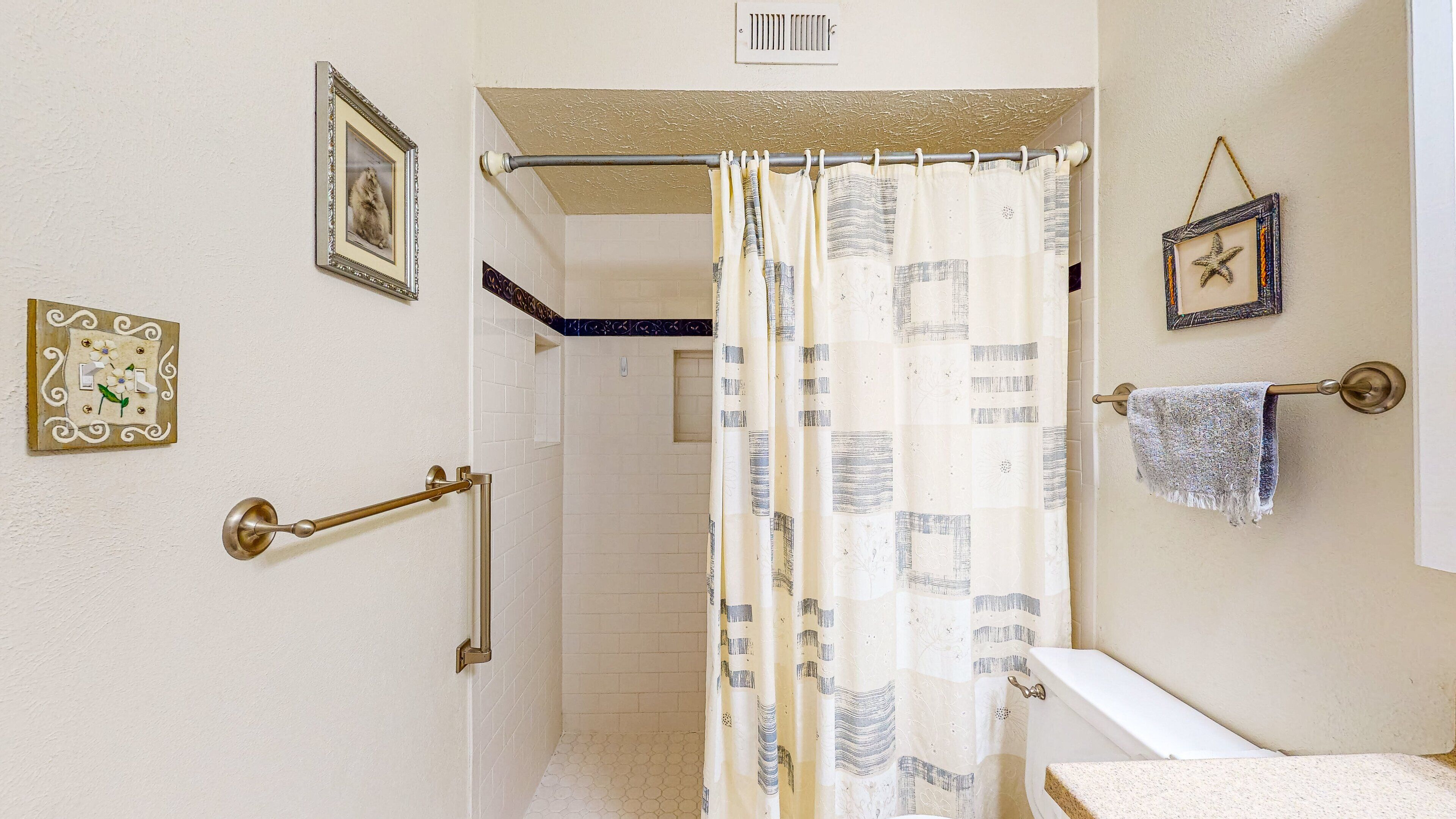 A bathroom with a shower curtain, a towel rack, a picture frame, and a decorative clock.