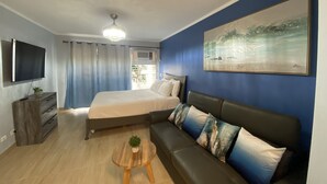 Une chambre à coucher moderne avec un lit, un canapé, une télévision et un tableau accroché au mur.