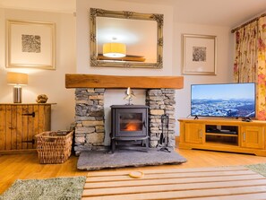 Smart TV, fireplace, DVD player, books