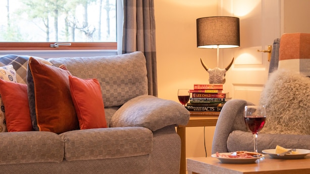 Ett mysigt vardagsrum med en grå soffa, orange kuddar, ett litet bord med ett vinglas och en lampa med ett dekorativt djurhuvud.