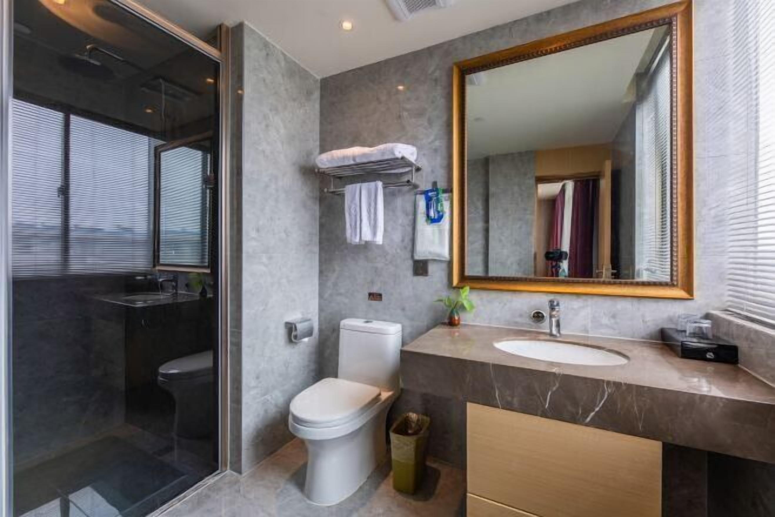 Een moderne badkamer met een douchecabine van glas, een toilet, een wastafel en een grote spiegel.