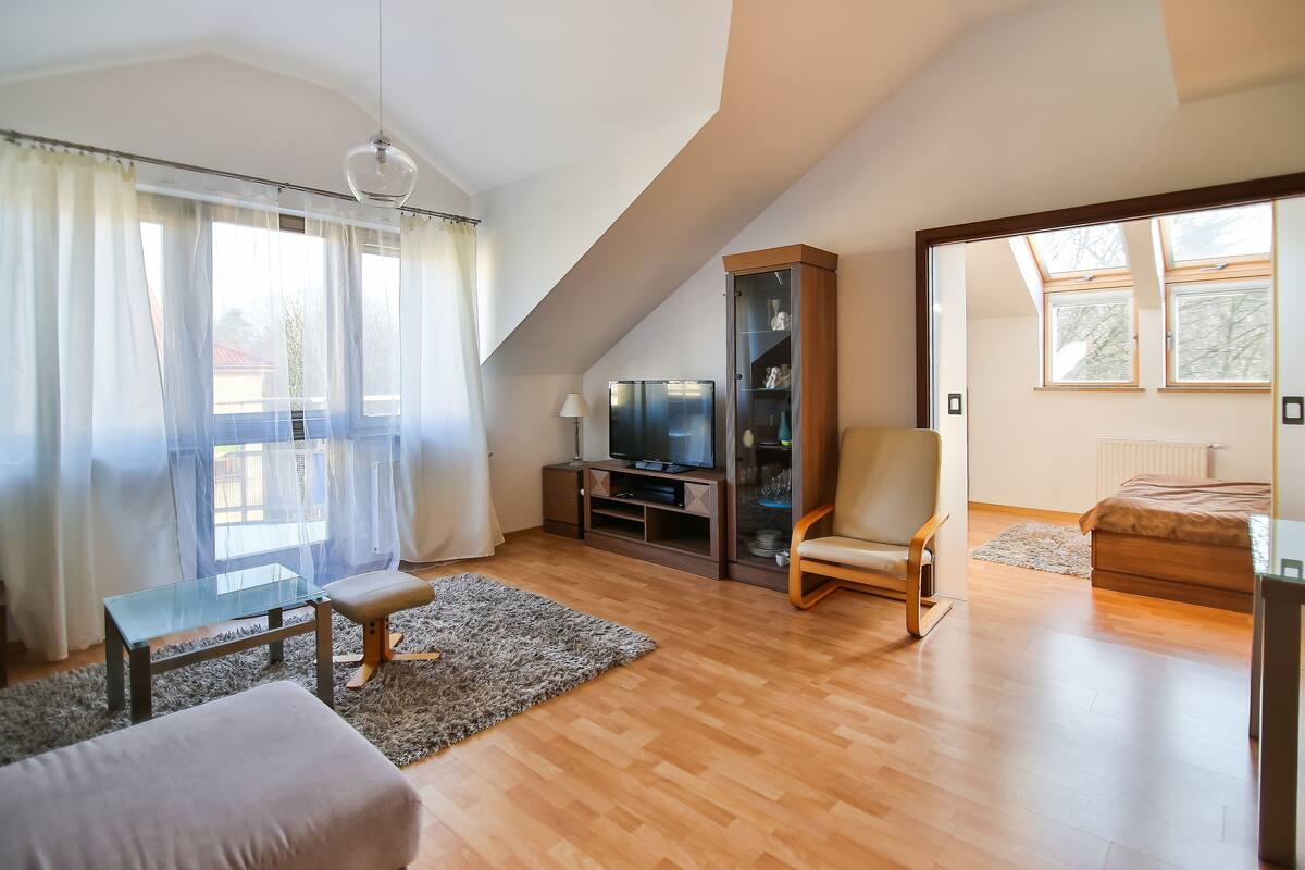 Ein modernes Wohnzimmer mit Holzboden, einem Glastisch, einer Couch, einem Fernseher auf einem Holzschrank und einem großen Fenster mit durchsichtigen Vorhängen.
