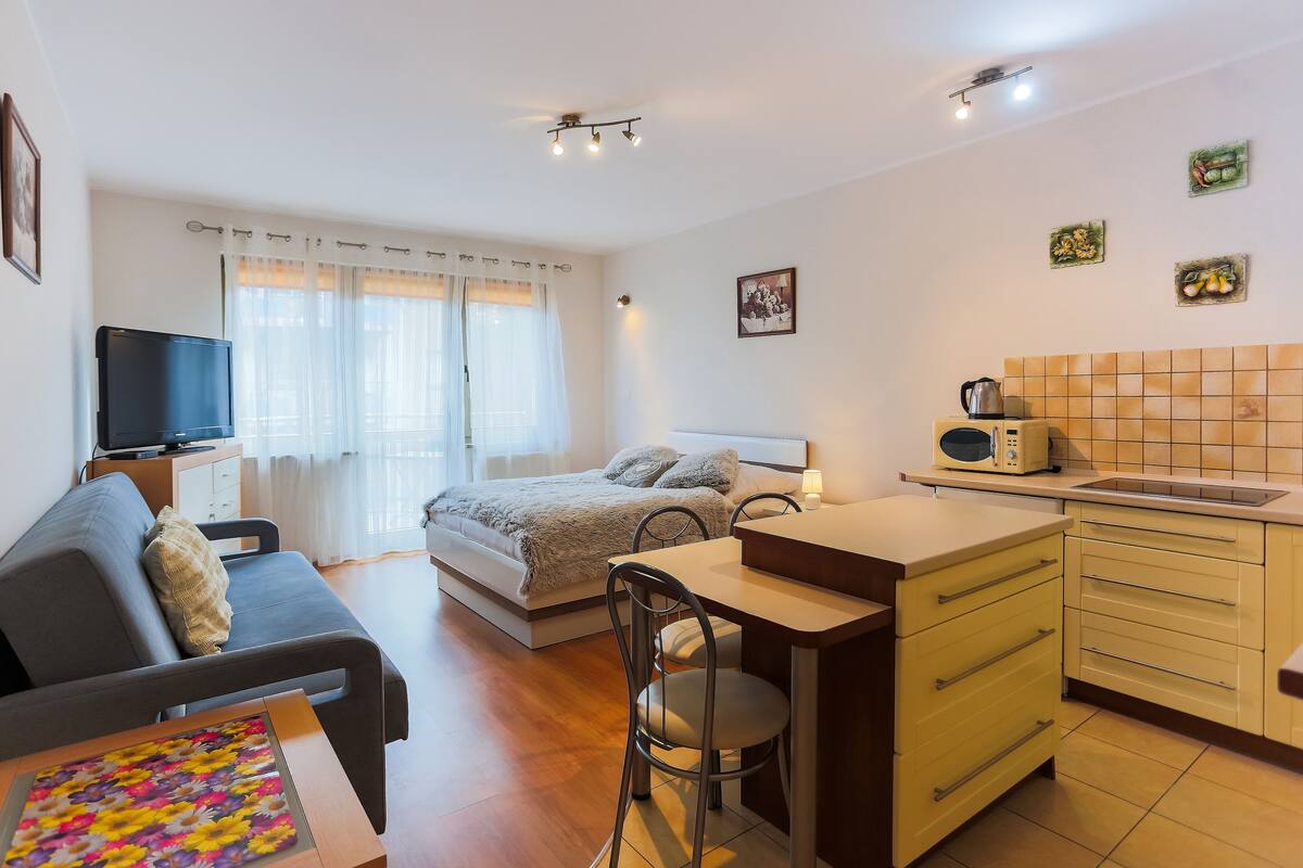 Ein kompakter Wohnbereich mit Bett, Sofa, Essbereich mit Tisch und Stühlen, Küchenzeile und Fernseher.