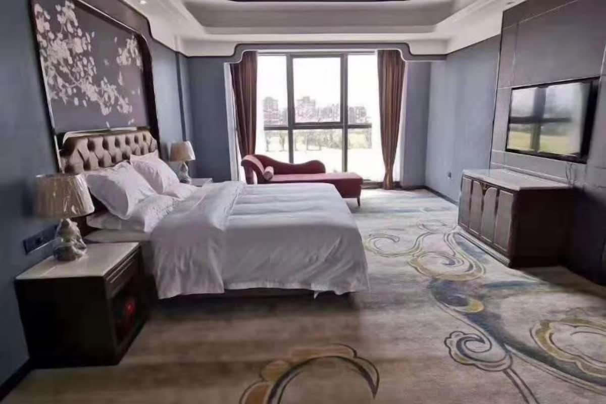 A hotel room with a large bed, a TV, and a view of the city through a large window.