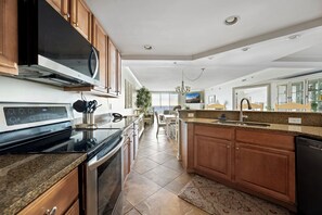Microwave, dishwasher, cookware/dishes/utensils