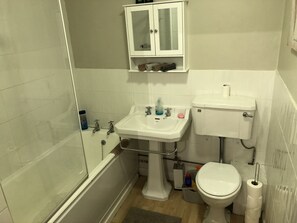 Combined shower/bathtub, deep-soaking bathtub, hair dryer, towels