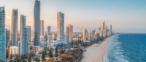 On the beach, sun-loungers, beach towels