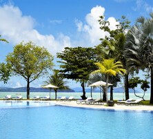 A poolside area with lounge chairs and umbrellas, surrounded by trees and a view of the sea.