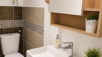 Douche, sèche-cheveux, serviettes fournies, savon
