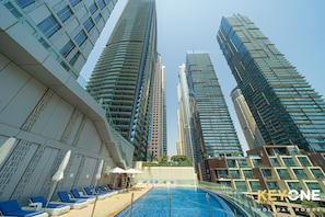 A modern hotel with a pool area, high-rise buildings, and a clear sky.