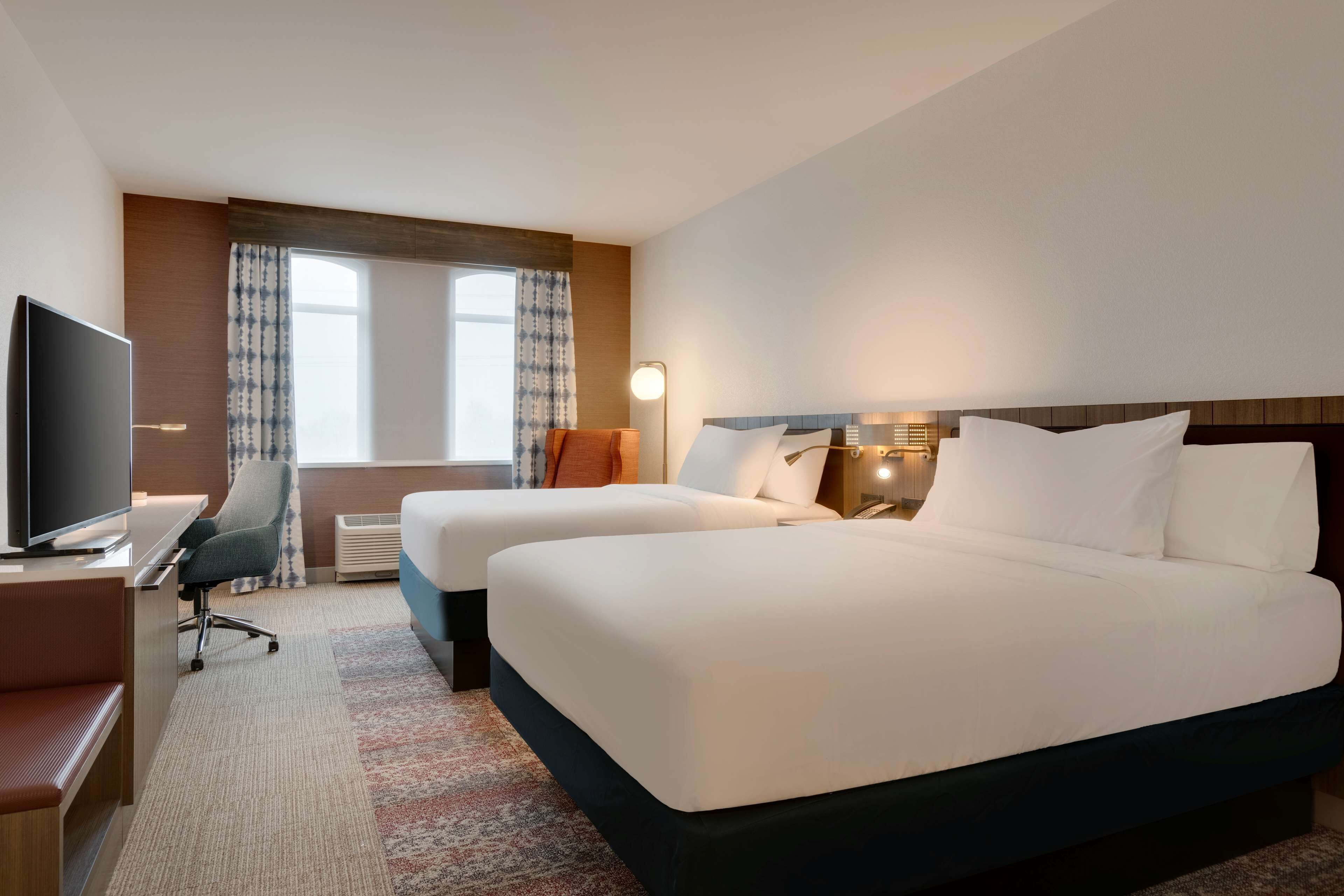 desk, laptop workspace, blackout curtains, iron/ironing board