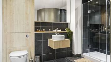 Bathtub, hair dryer, towels, toilet paper