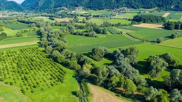 Vista aérea de un paisaje rural con campos, árboles y edificios dispersos.