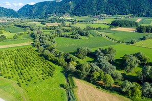 An aerial view of a rural landscape with fields, trees, and scattered buildings. - House Pepica With Hot Tub (Kraljevec na Sutli)