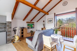 Family House, Multiple Bedrooms, 2 Bathrooms (House Pepica With Hot Tub) | Living area | 21-inch flat-screen TV with digital channels, TV, fireplace - House Pepica With Hot Tub (Kraljevec na Sutli)