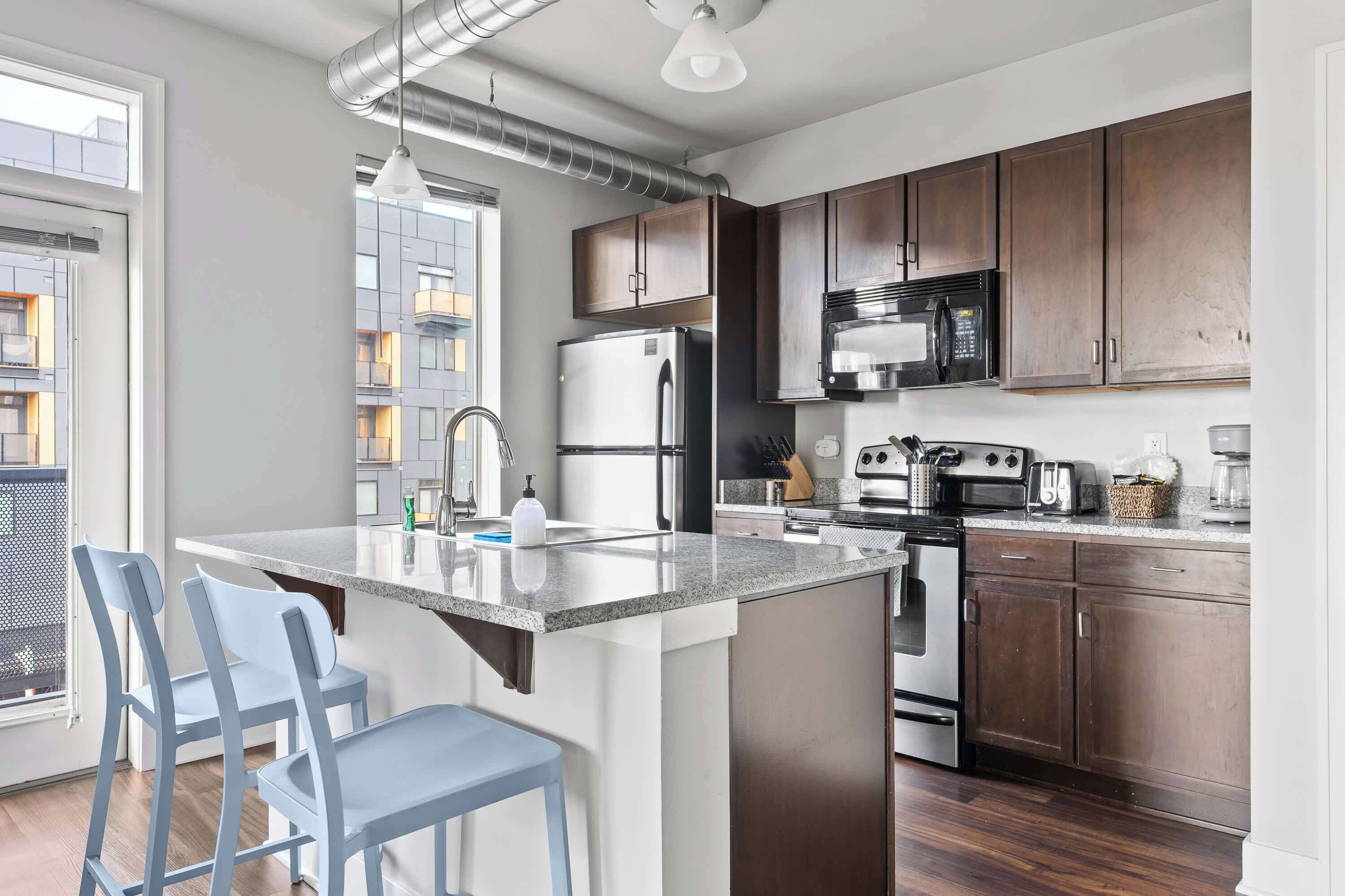 Fridge, microwave, oven, stovetop