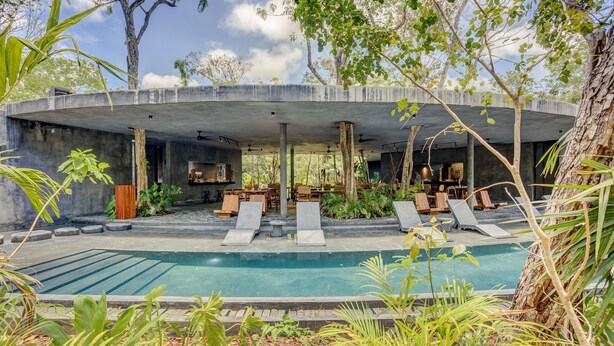 A pool area with lounge chairs, a concrete structure overhead, and surrounding greenery. - Eco-Lifestyle Community with Magnificent Amenities  (Tulum)