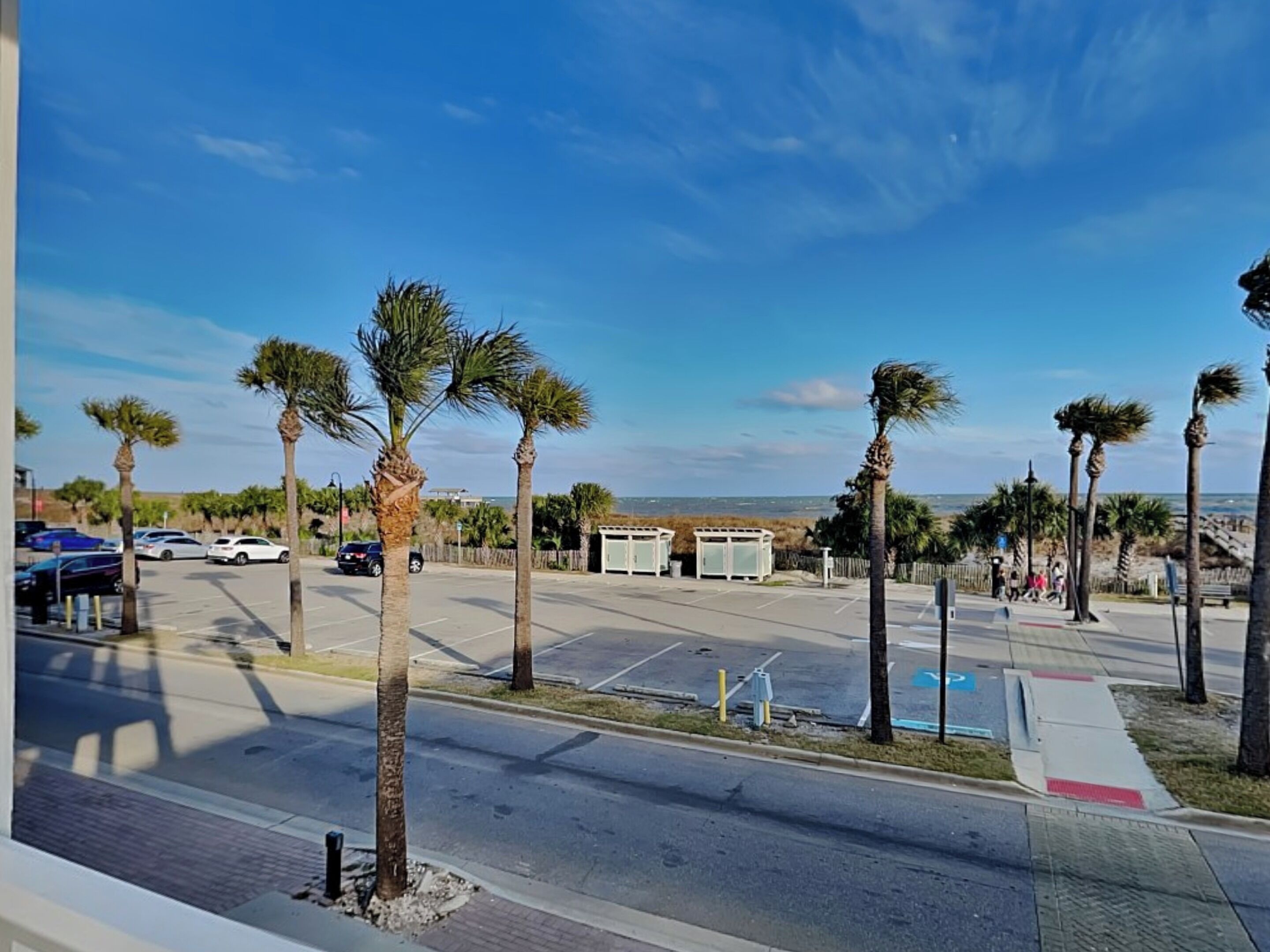 Un parking bordé de palmiers, une plage en arrière-plan et un ciel dégagé.