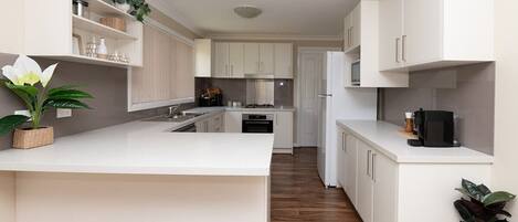 Fridge, microwave, oven, stovetop