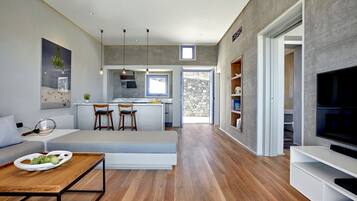 Luxury Villa with Private Pool, Heated Plunge Pool and Sea View | Khu phòng khách | TV LCD 43-inch có truyền hình vệ tinh, TV, Netflix