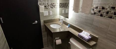 Une salle de bain moderne avec une porte noire, un lavabo, des toilettes et un miroir.