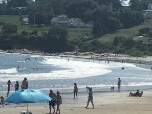 A beach with people, a blue umbrella, and houses in the background.