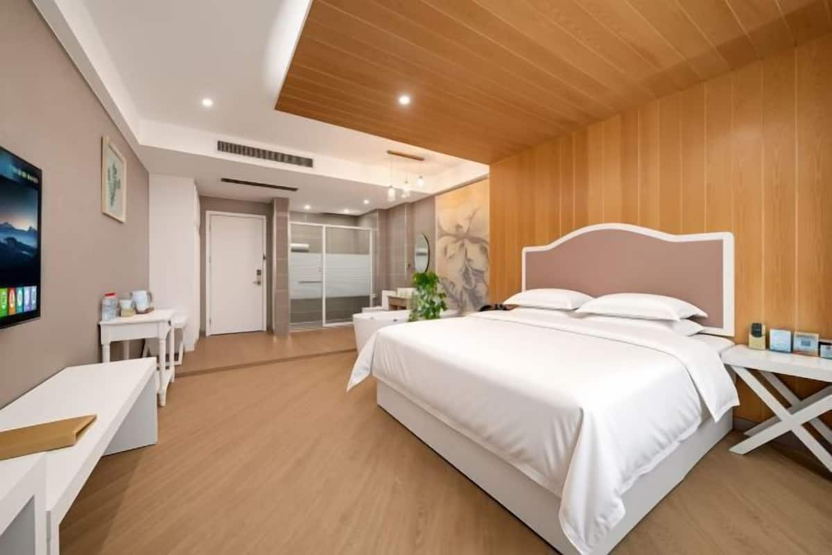 Une chambre d’hôtel moderne équipée d’un grand lit, d’un bureau, d’une chaise et d’un téléviseur.