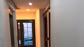 Un couloir doté d’un sol en marbre poli, d’une porte avec un panneau en verre dépoli et d’un luminaire au plafond.