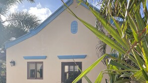 A building with a beige exterior, blue trim, and a black door. There are two windows, a blue wall-mounted light, and potted plants. - Blue Villa Aruba (Oranjestad)