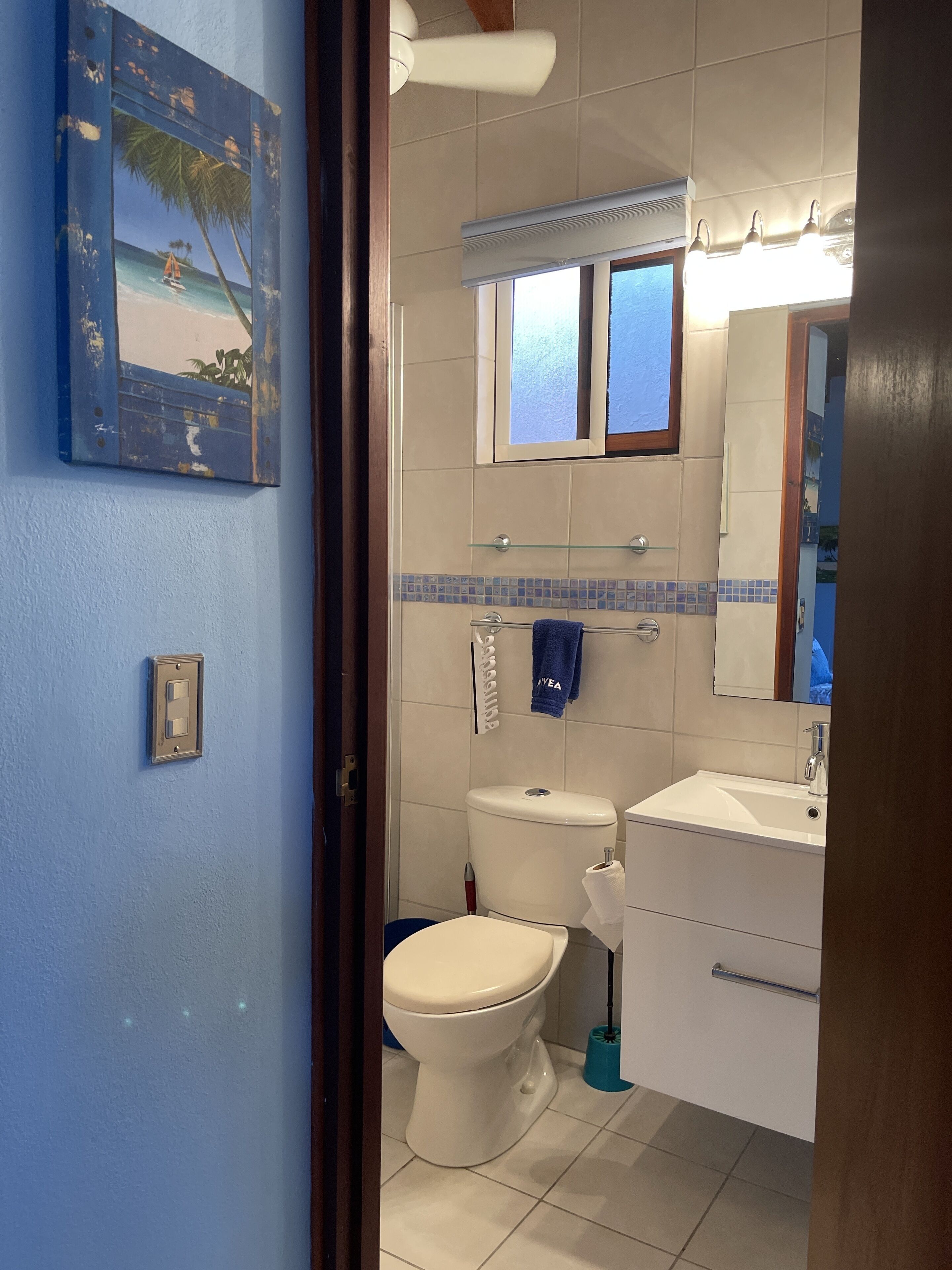 Een douche, een haardroger, handdoeken, shampoo