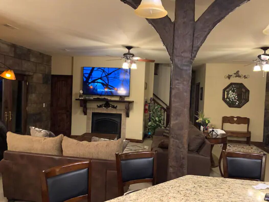 Smart TV, fireplace, foosball, printers