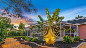 Un edificio moderno con grandes ventanales, rodeado de plantas tropicales y un camino de grava.