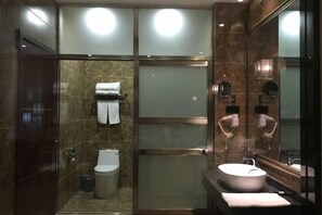 Casa de banho moderna com chuveiro envolto em vidro, sanita, lavatório e espelho.