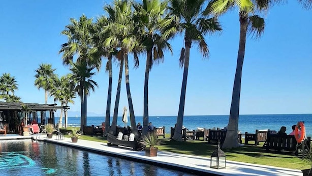 Un espace aménagé au bord de la piscine, offrant une vue dégagée sur l’océan, entouré de palmiers et de chaises longues.