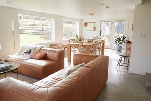 Smart TV, lareira, livros, videoteca