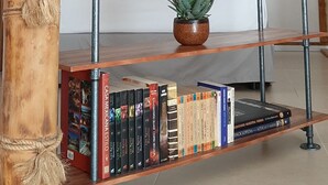 A wooden bookshelf with a flat-screen TV displaying Netflix content. Below the TV, there is a shelf with books and a potted plant.