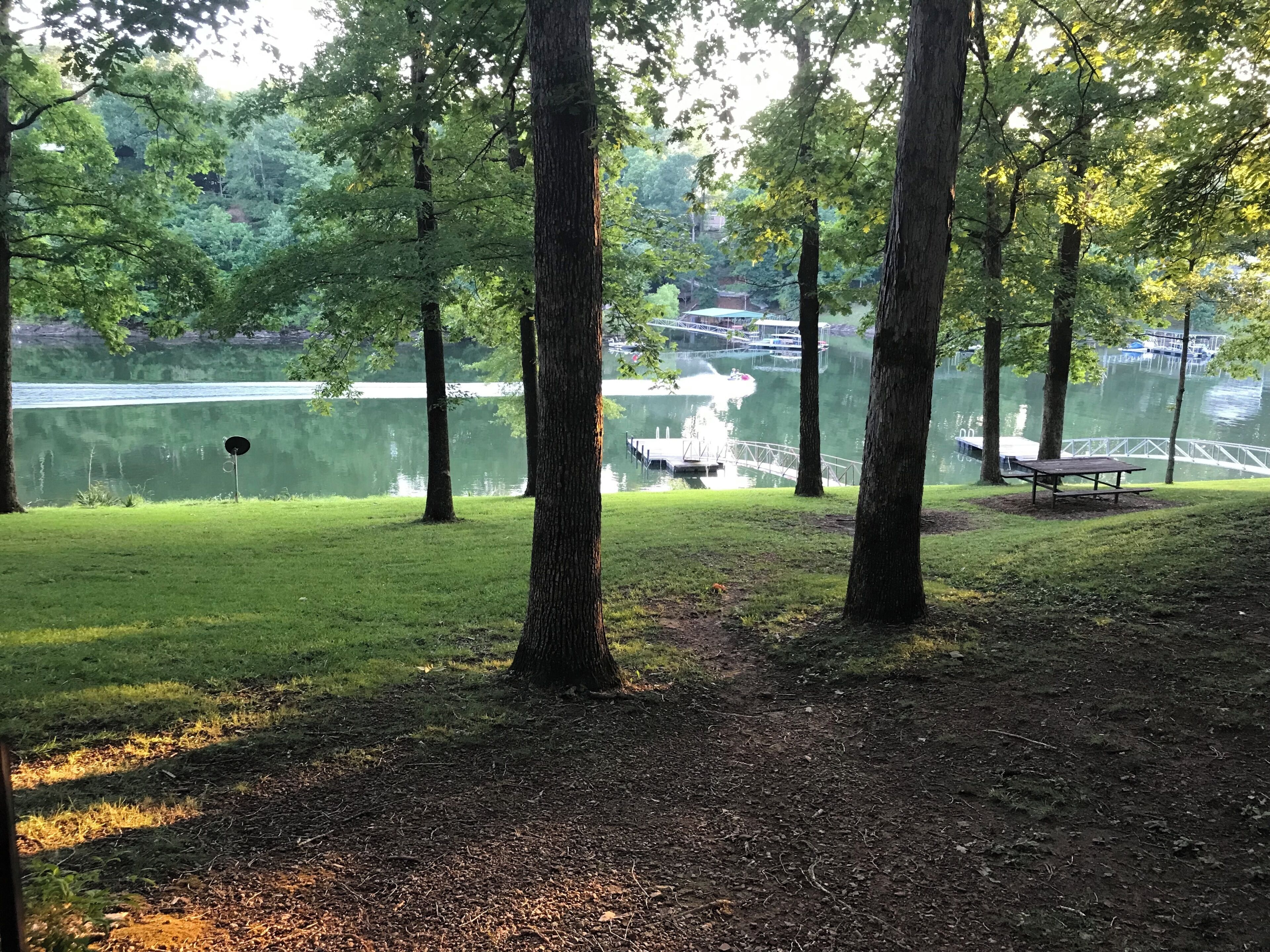 A park with a grassy area, trees, a picnic table, and a lake with boats.