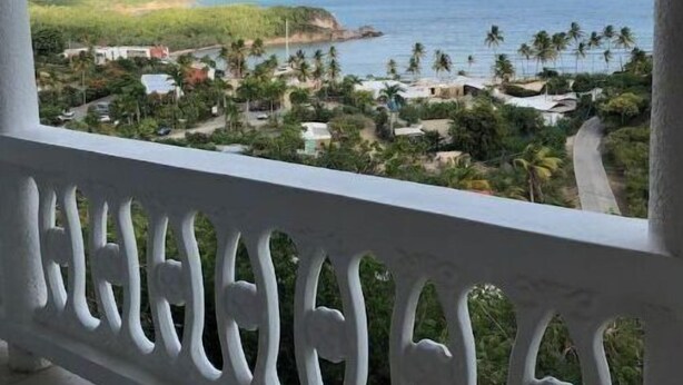 A balcony with a view of a coastal landscape, including a beach and palm trees. - Misty's Point of View (St Thomas)