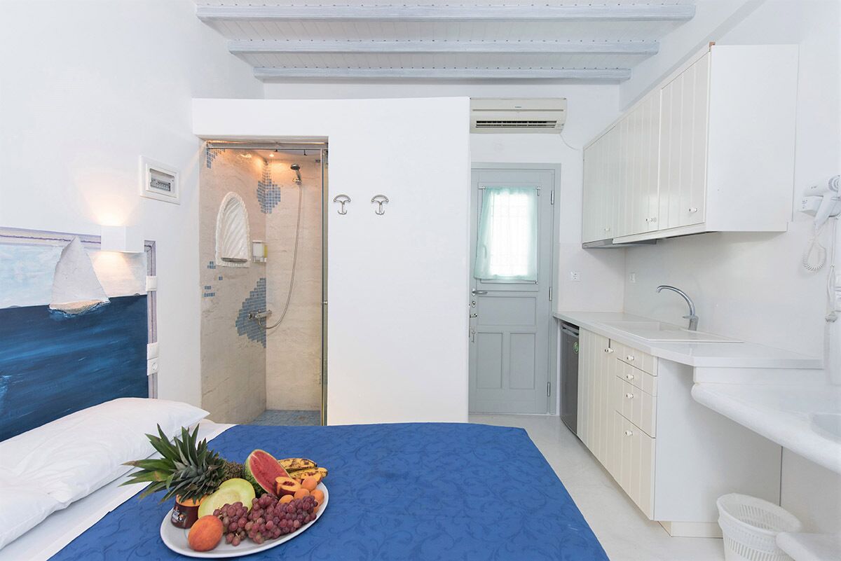 Habitación de hotel con cama, bandeja de desayuno con frutas, ducha, lavamanos y ventana.