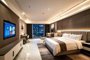A modern hotel room with a large bed, a desk, a television, and a city view.