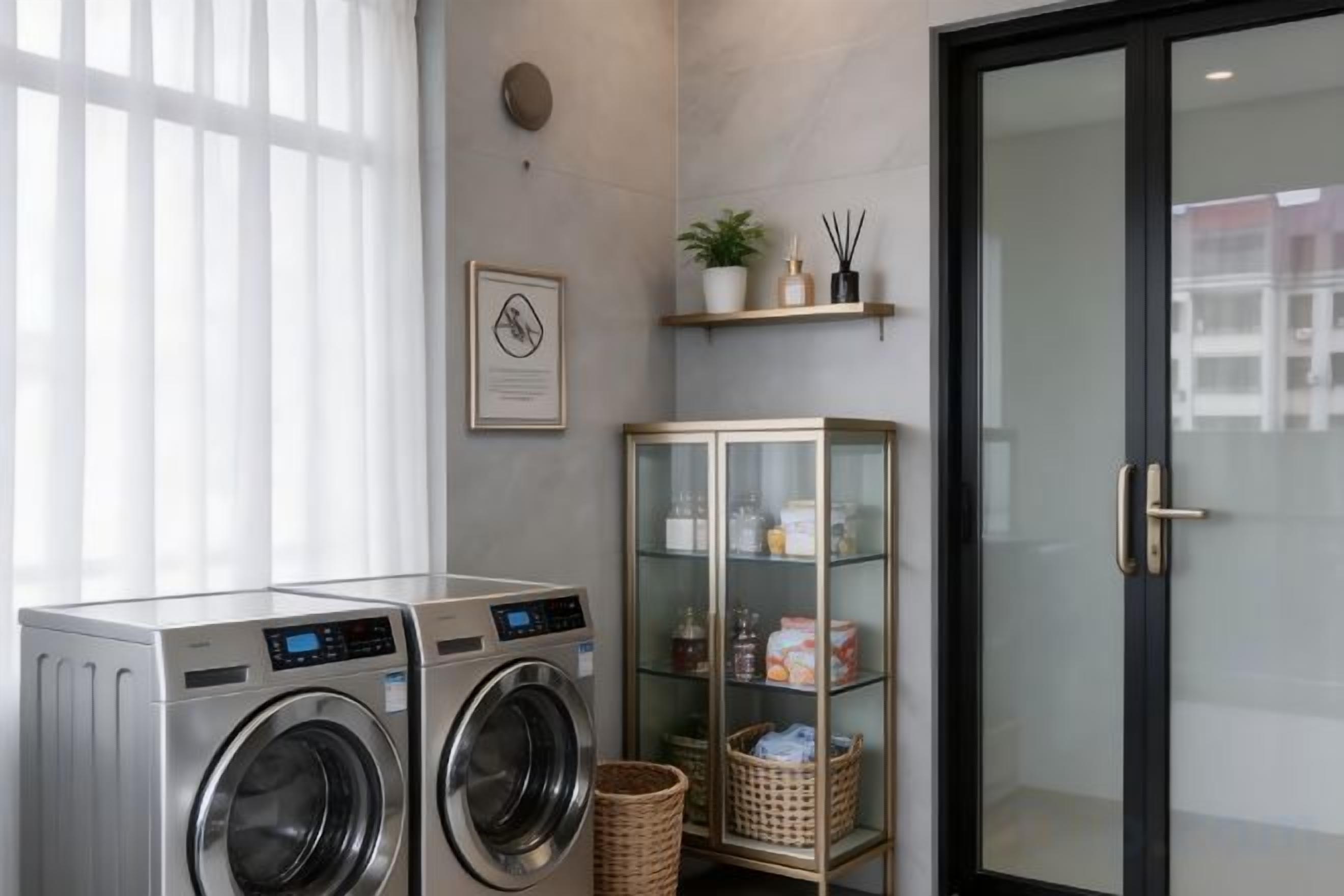 A laundry area with two washing machines, a glass cabinet with toiletries, and a door to a room.
