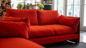 A modern living room with a red sofa and matching cushions, two small potted plants, and a large window providing a view of the outside. - Royal Delonix Hotel (Penuelas)